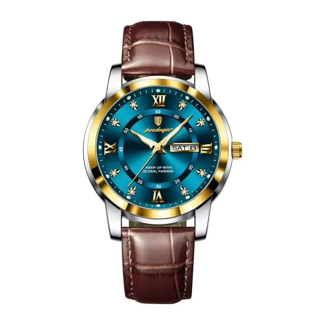 Poedagar 936L Luxury Waterproof Luminous Leather Men's Watch – Dial Color: Blue, Strap Color:  Brown  – View 1