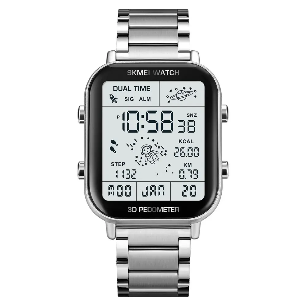 SKMEI 1888 Stainless Steel Calorie Mileage Digital Sporty Men's Watch – Dial Color: White, Strap Color: Silver – View 1