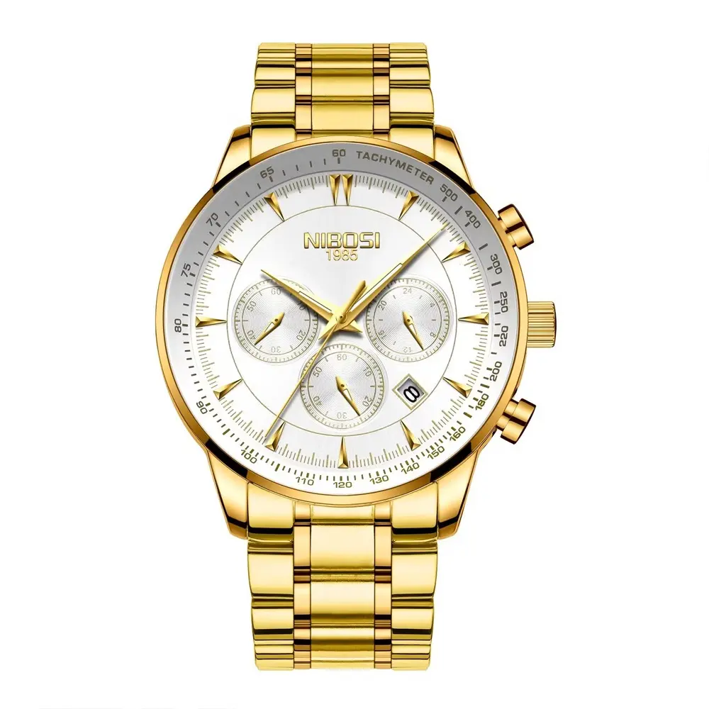 Nibosi 2351 Classic Stainless Steel Multifunctional Chronograph Analog Fashion Men's Watch – Dial Color: White Gold, Strap Color: Gold – View 1