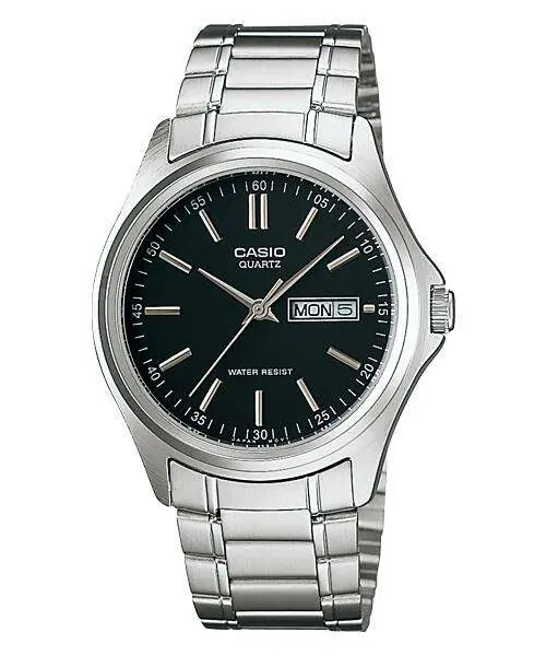 Casio MTP-1239D-1ADF Enticer Ion Plated Stainless Steel Strap Water Resistant Analog Men's Wristwatch – Dial Color: Black, Strap Color: Silver – View 1