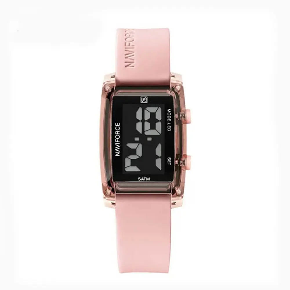 Naviforce NF7118 Comfortable Silicone Starp Digital Fashion Women's Watch – Dial Color: Black, Strap Color: Pink – View 1