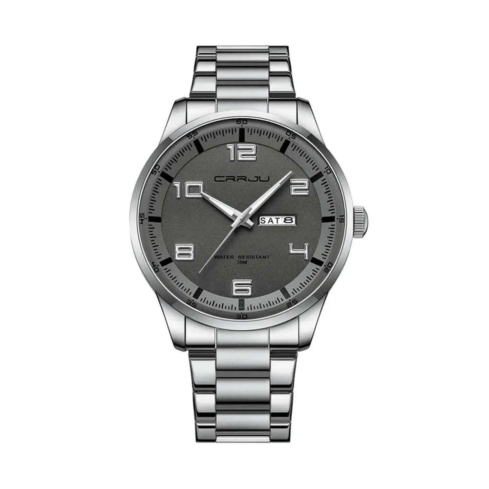 CRRJU 5005 Classic Stainless Steel Multifunctional Analog Quartz Fashion Men's Watch – Dial Color: Black, Strap Color: Silver – View 1