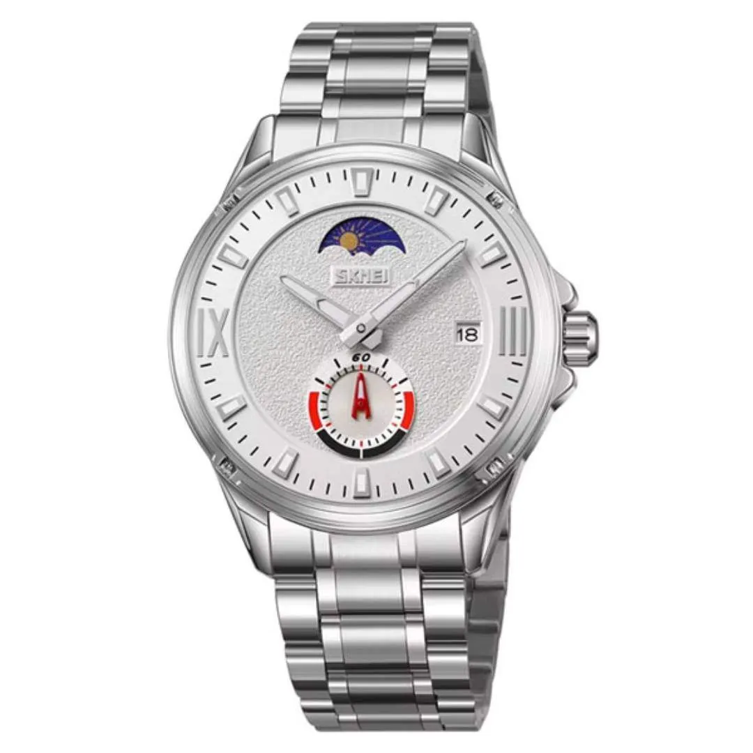 SKMEI 9326 Quartz Stainless Steel Analog Moon Phase Men's Watch – Dial Color: White, Strap Color: Silver – View 1
