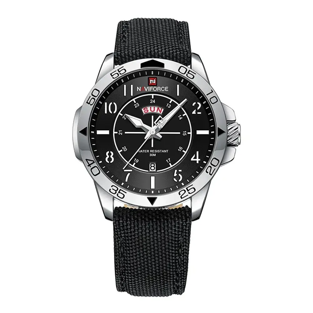 NAVIFORCE NF9204N Nylon Strap Waterproof Quartz Men’s Sport Watch – Dial Color: Silver, Strap Color: Black – View 1