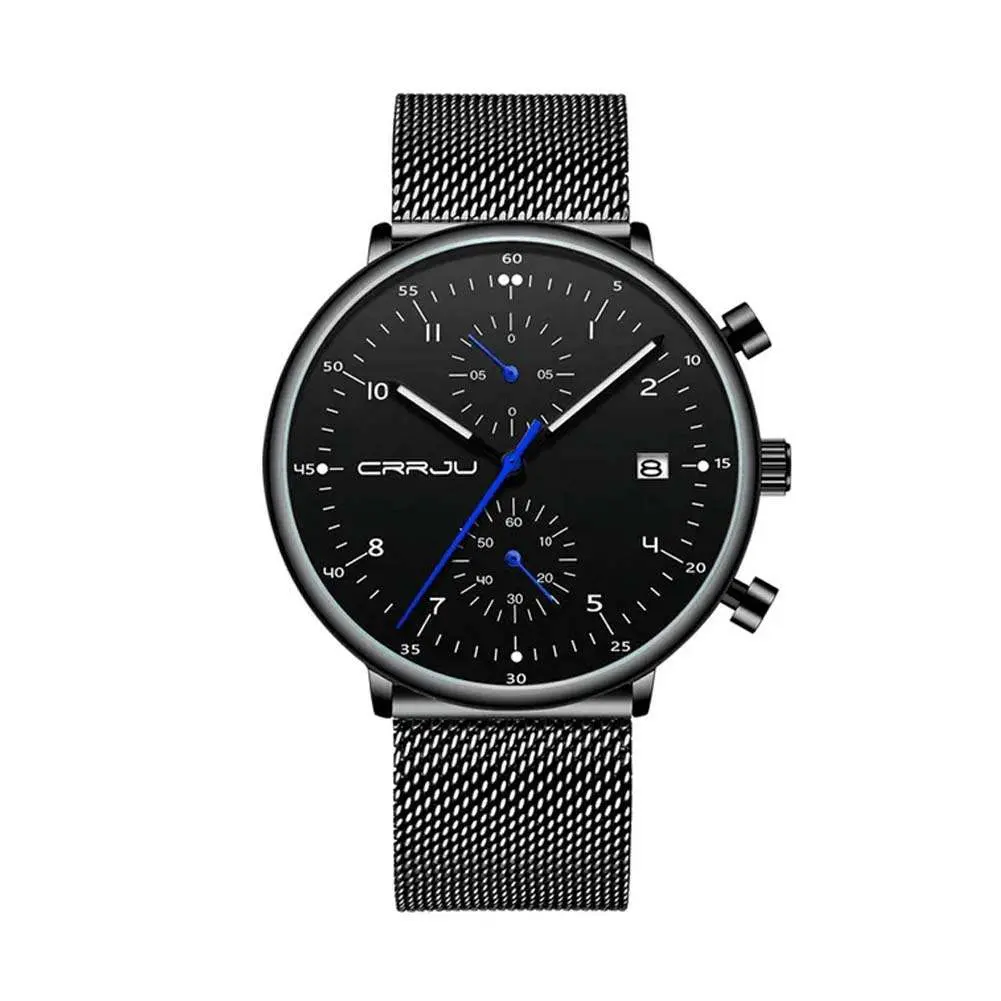 CRRJU 2278 Comfortable Mesh Stainless Steel Ultra Slim Modern Fashion Men's Watch – Dial Color: Black, Strap Color: Black – View 1