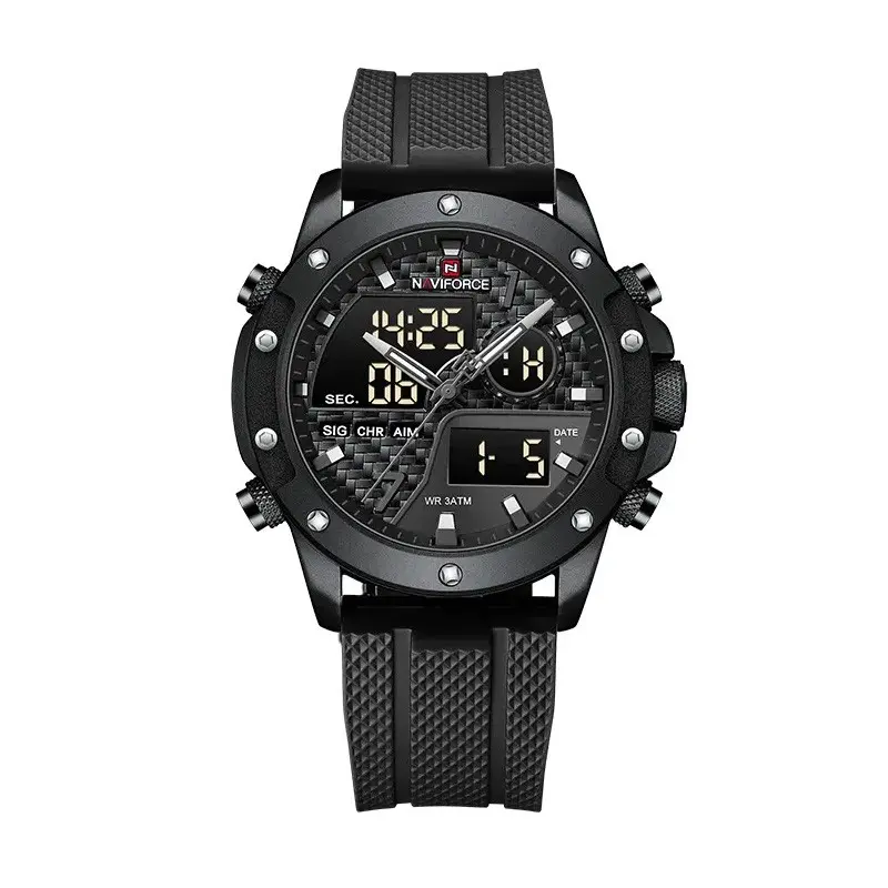 Naviforce NF9221 Lavish Silicon Rubber  Dual Time Quartz  Classic Men's Watch – Dial Color: Black, Strap Color: Black – View 1