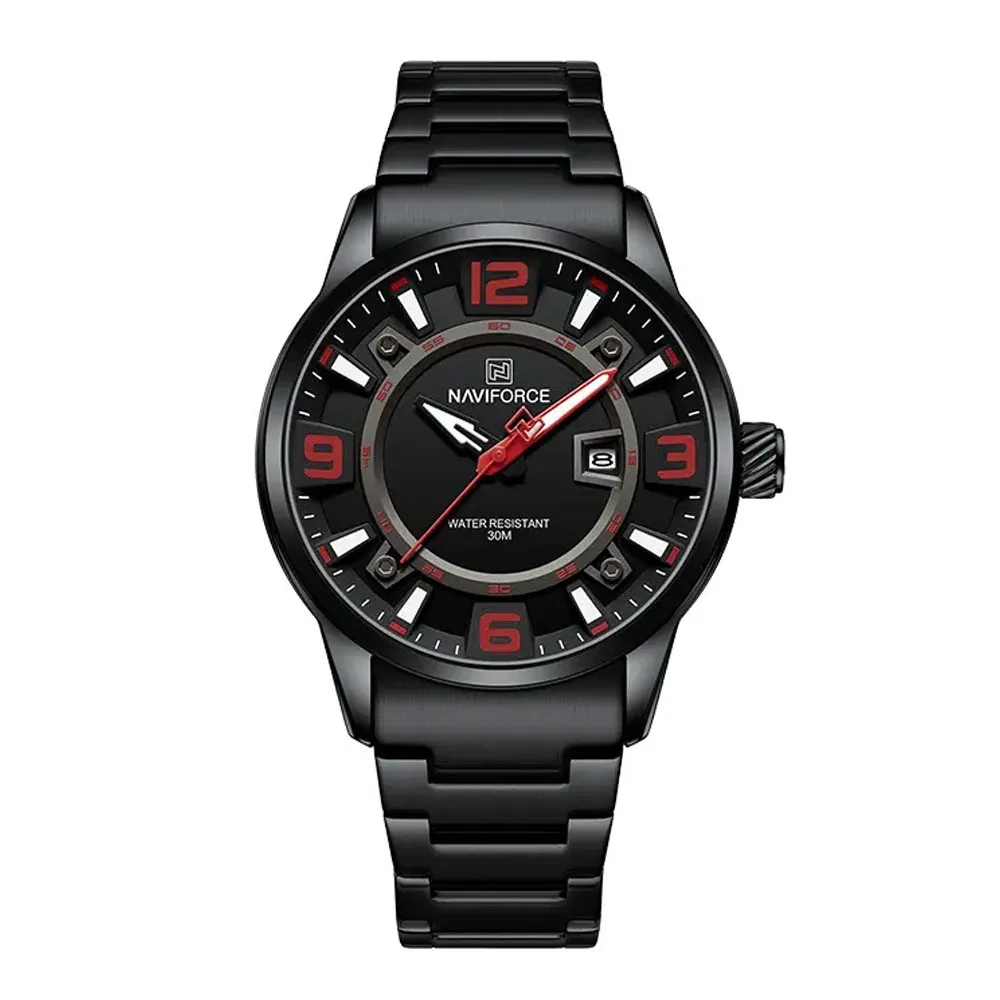 NAVIFORCE NF8044 Luminous Stainless Steel Strap Quartz Men’s Watch – Dial Color: Red, Strap Color: Black – View 1