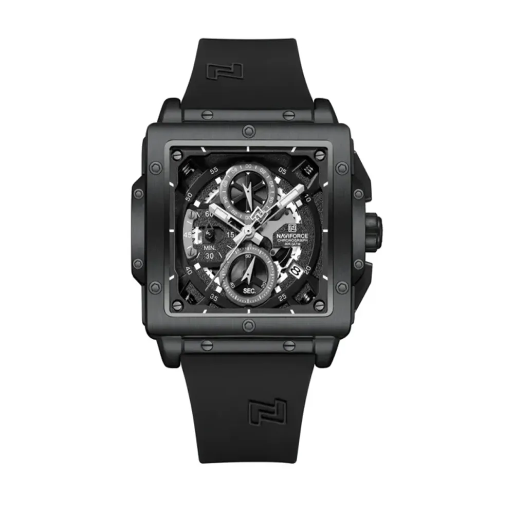 Naviforce 8064 Silicone Strap Quartz Analog Premium Sporty Men's Watch – Dial Color: Black, Strap Color: Black – View 1