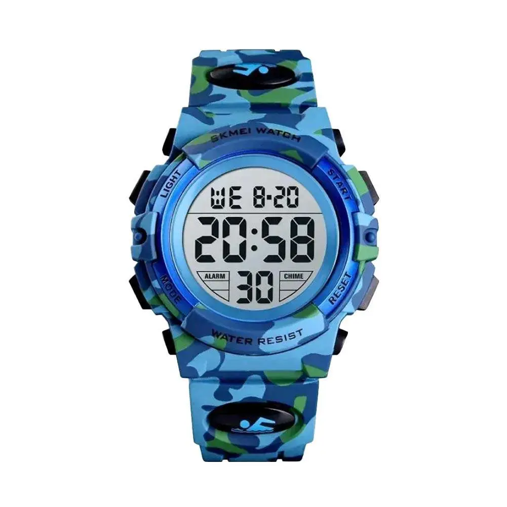 SKMEI 1548 Digital Camouflage PU Leather Luminous Sporty Kid's Watch – Dial Color: Black, Strap Color: Sky Blue – View 1