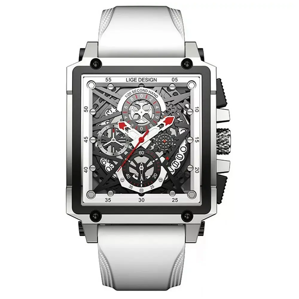 LIGE 8935 Exclusive Square Dial Analog Hollow Luxury Men's Watch – Dial Color: White, Strap Color: White – View 1