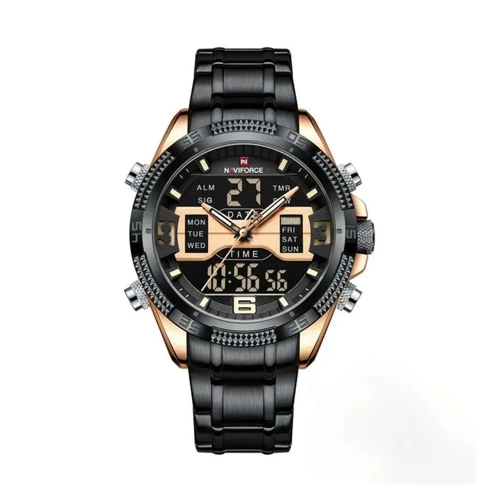 Naviforce NF9201 High Quality Stainless Steel Dual Movement Sport Fashion Men's Watch – Dial Color: Rose Gold, Strap Color: Black – View 1