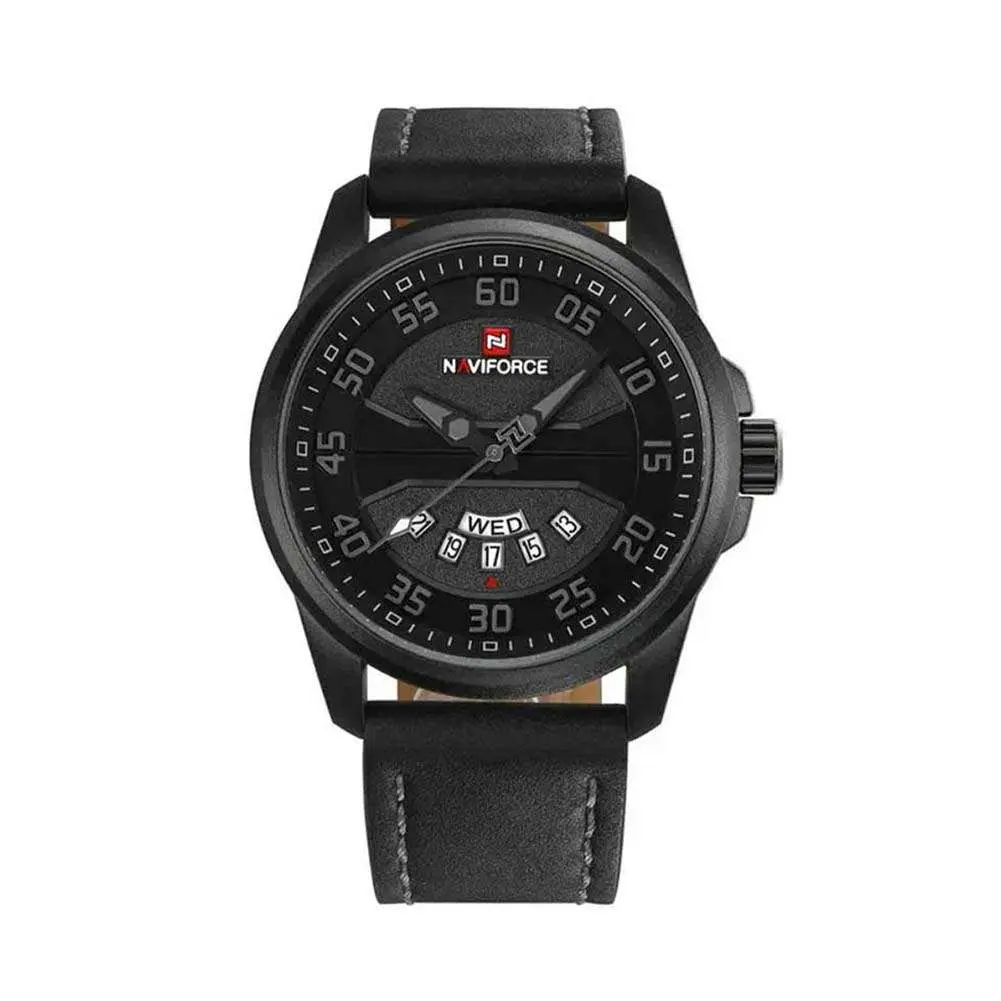 Naviforce NF9124 Luxury Leather Strap Quartz Analog Casual Style Fashion Men's Watch – Dial Color: Grey, Strap Color: Black – View 1