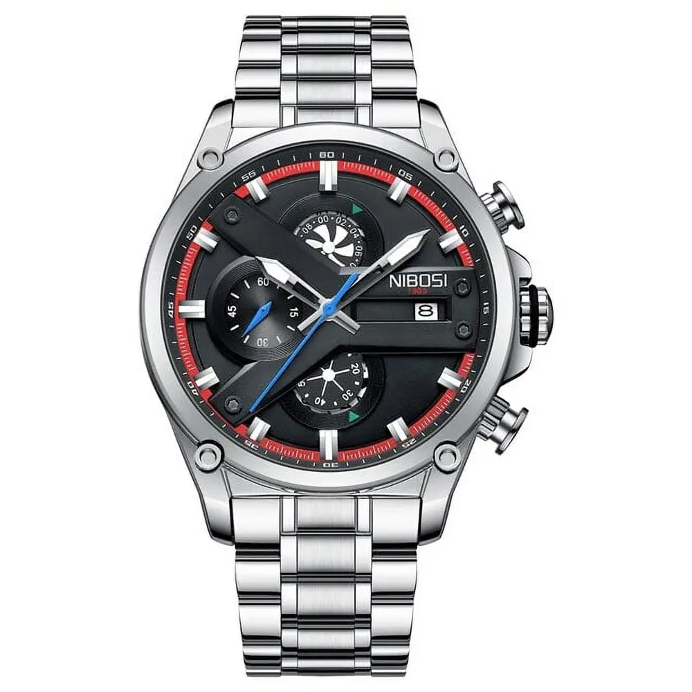 Nibosi 2513 High-Quality Stainless Steel Chronograph Men's Watch – Dial Color: Black, Strap Color: Silver – View 1