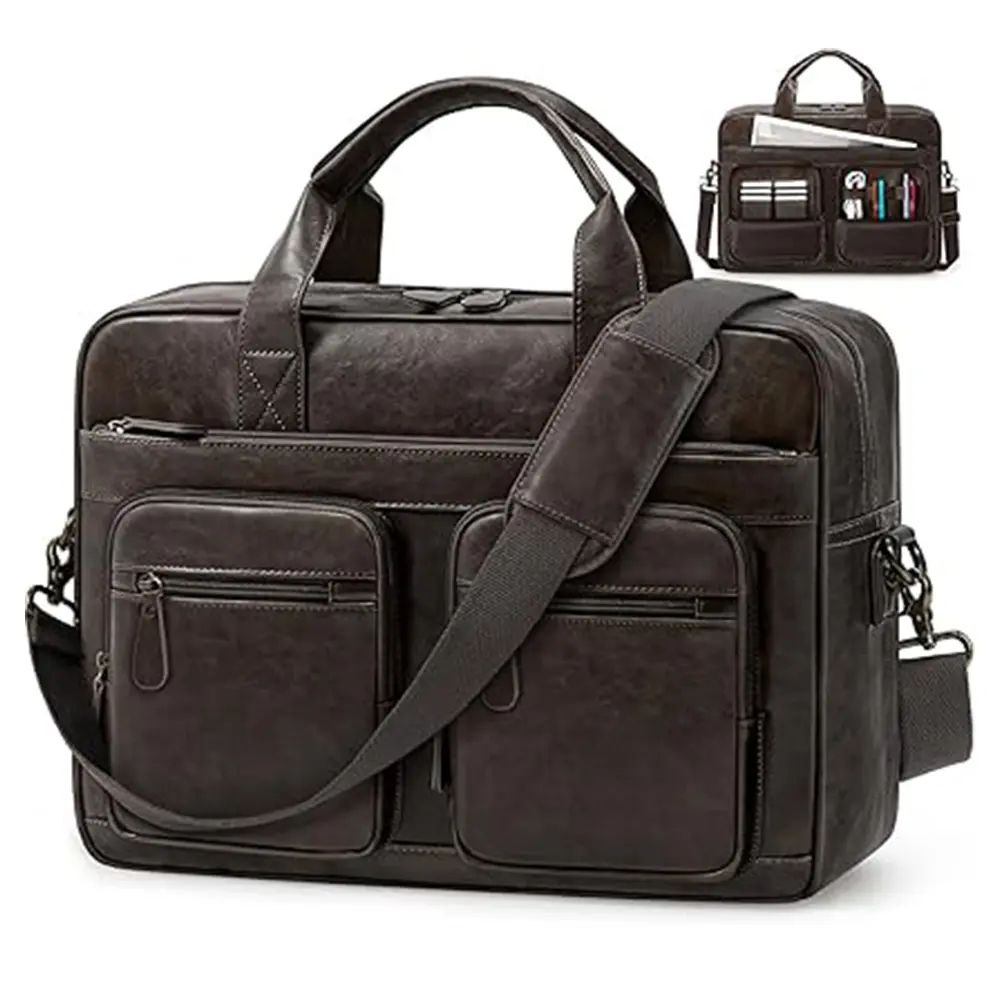 RAINSMORE 15.6 Inch Men PU Vegan Leather Waterproof Office Work Bag – Color: Brown – View 1