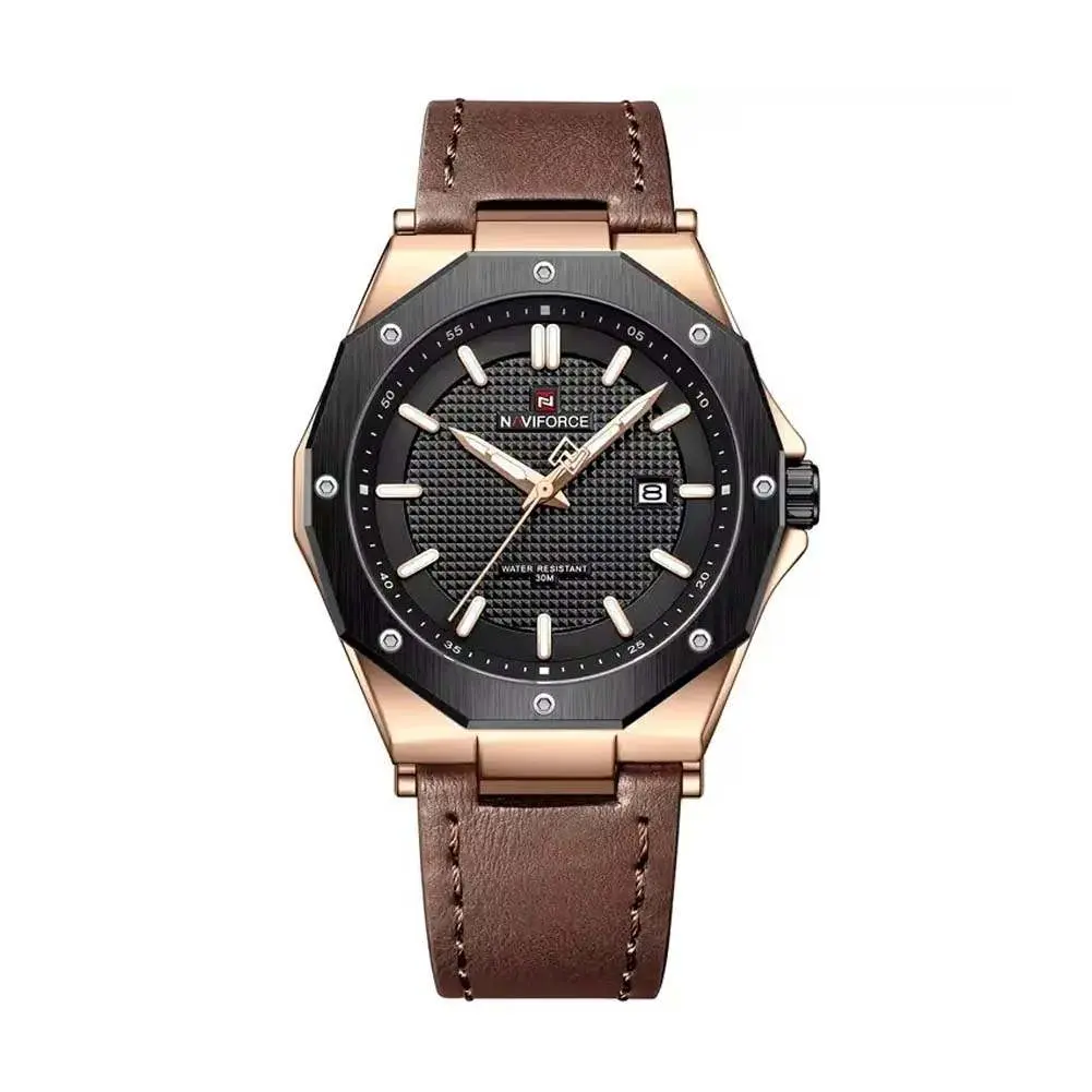 Naviforce NF9200 Luxury Genuine Leather Strap Quartz Movement Casual Fashion Men's Watch – Dial Color: Black, Strap Color: Rose Gold – View 1