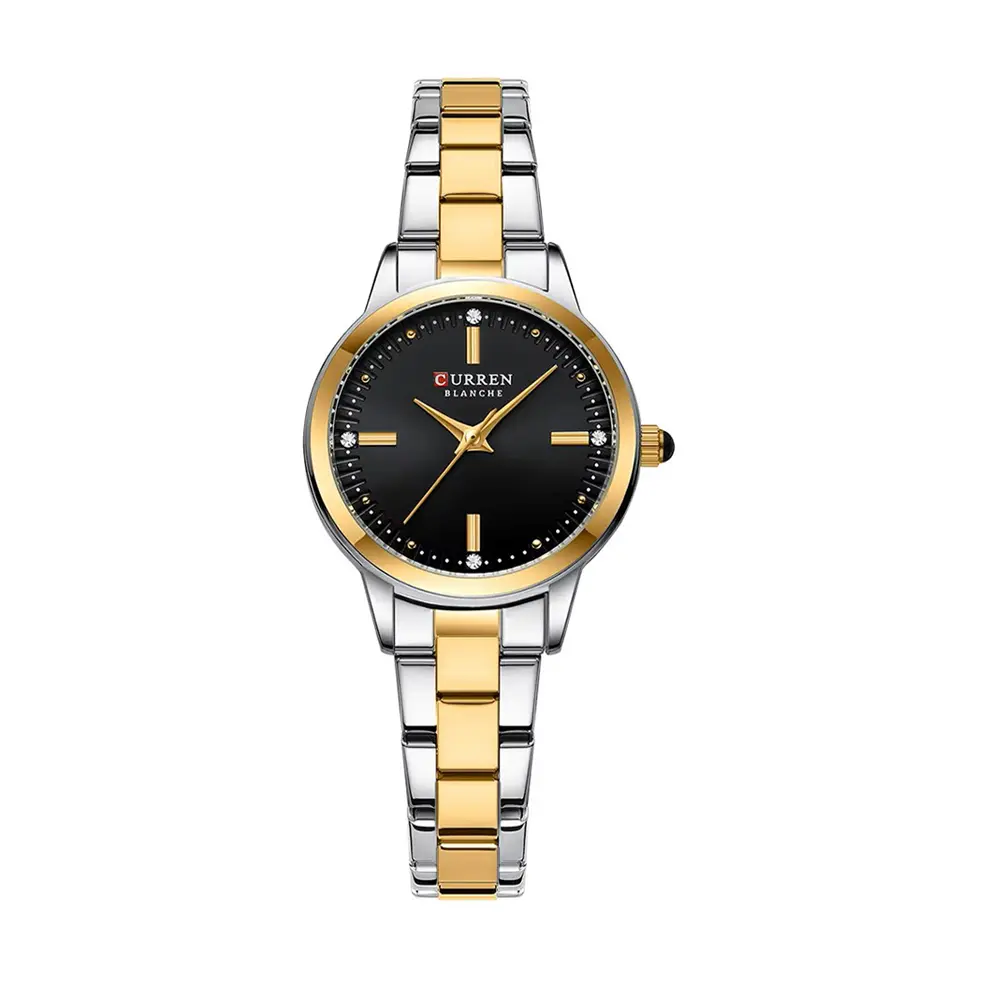 CURREN 9094 Latest Elegant Stainless Steel Classic Women Quartz Watch – Dial Color: Black, Strap Color: Gold  – View 1