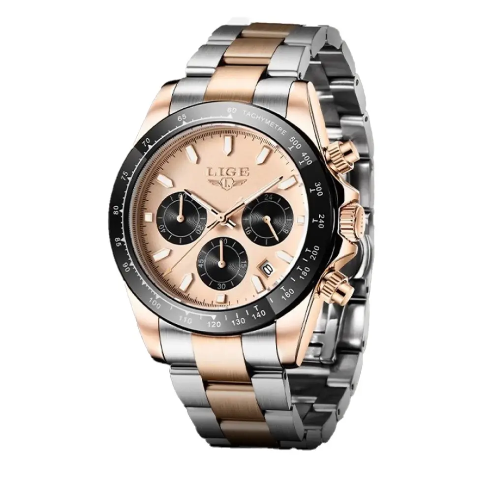 LIGE 8937 Premium Analog Stainless Steel Luxury Men's Watch – Dial Color: Rose, Strap Color: Rose – View 1