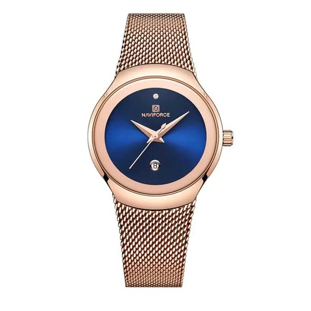 Naviforce NF5004 Milanese Mesh Strap Waterproof Versatile Ultra Thin Women's watch – Dial Color: Blue, Strap Color:  Brown  – View 1