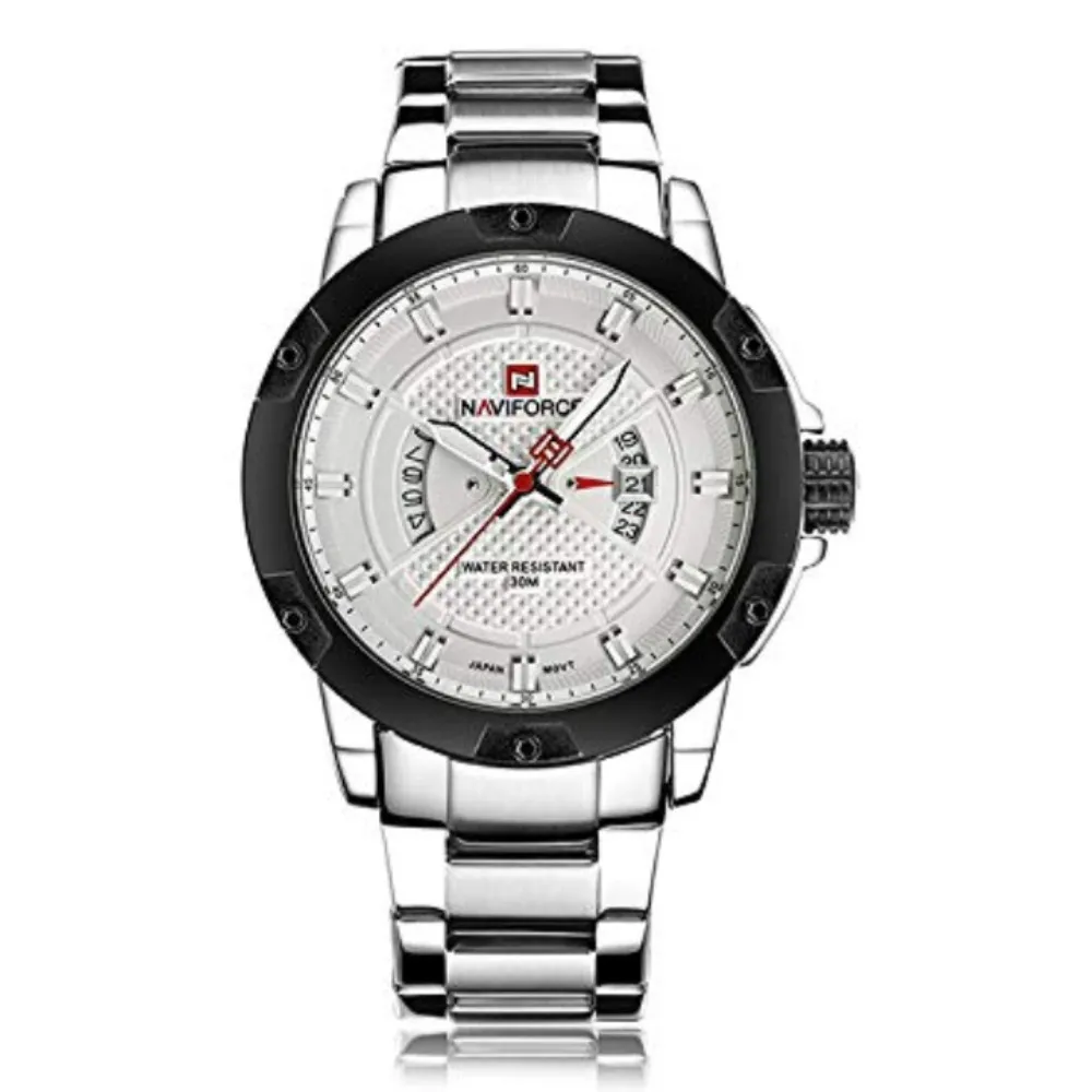 Naviforce 9085 Water Resistant Stainless Steel Quartz Men's Watch – Dial Color: White, Strap Color: Silver – View 1