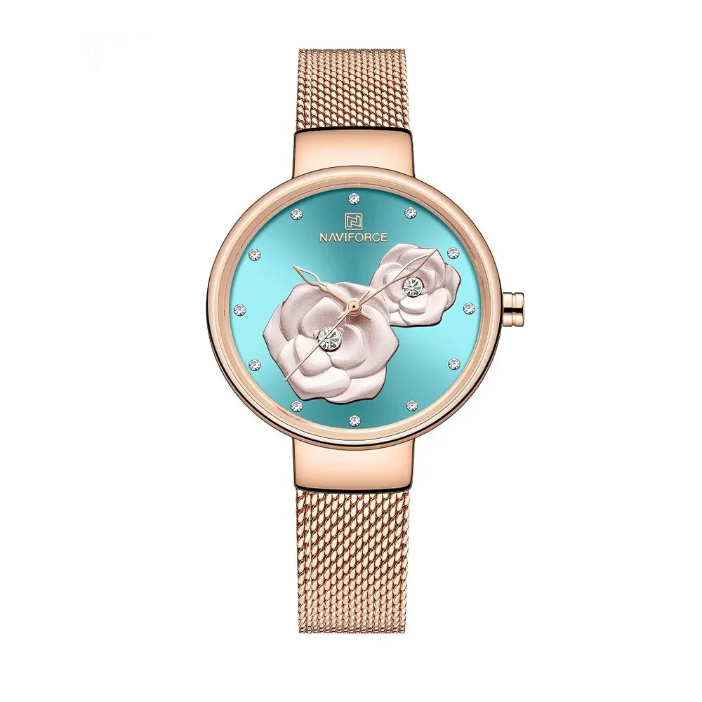 NAVIFORCE NF5013 Mesh Stainless Steel Analog Watch For Women – Dial Color: Green, Strap Color:  Brown  – View 1