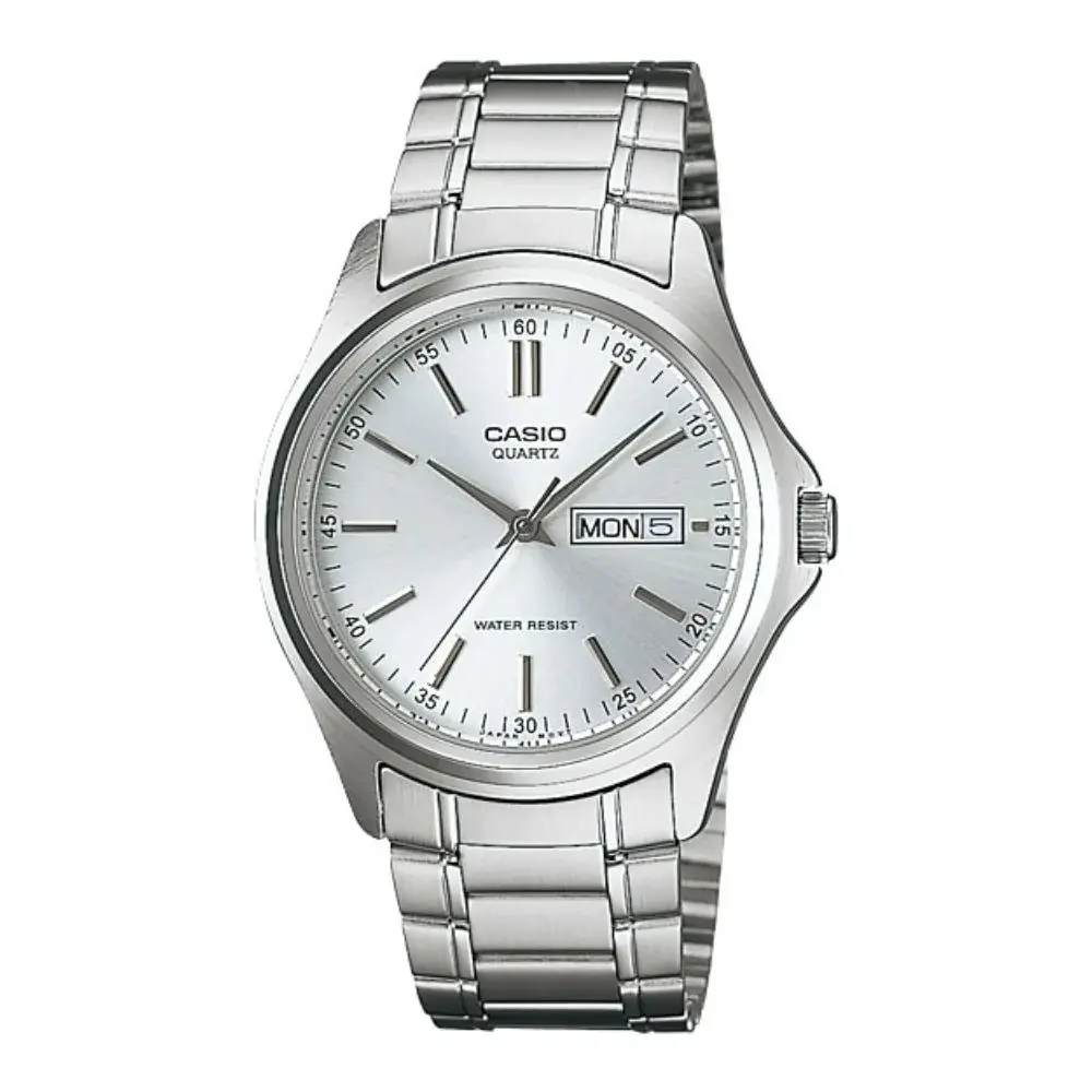 Casio MTP-1239D-1ADF Enticer Ion Plated Stainless Steel Strap Water Resistant Analog Men's Wristwatch – Dial Color: White, Strap Color: Silver – View 1