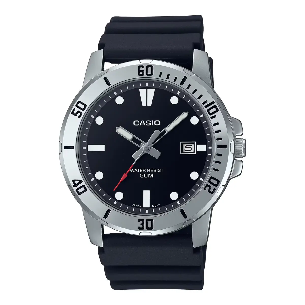 CASIO MTP-VD01-5EVUDF Enticer Stainless Steel Case Luminescent Men's Sports Analog Watch – Dial Color: Black, Strap Color: Black – View 1