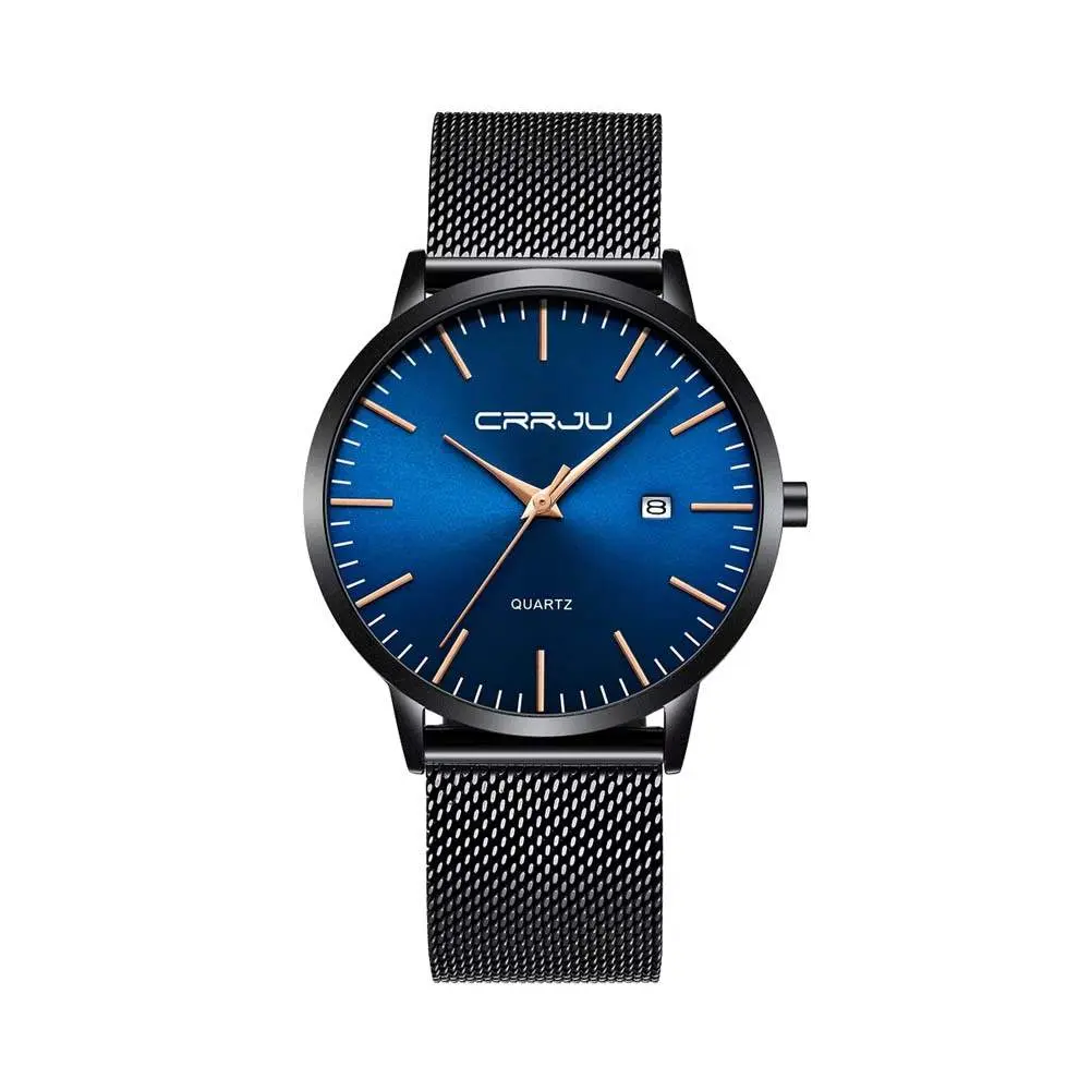 CRRJU 2172 High-Quality Slim Stainless Steel Strap Analog Quartz Formal Men’s Watch – Dial Color: Blue, Strap Color: Black – View 1