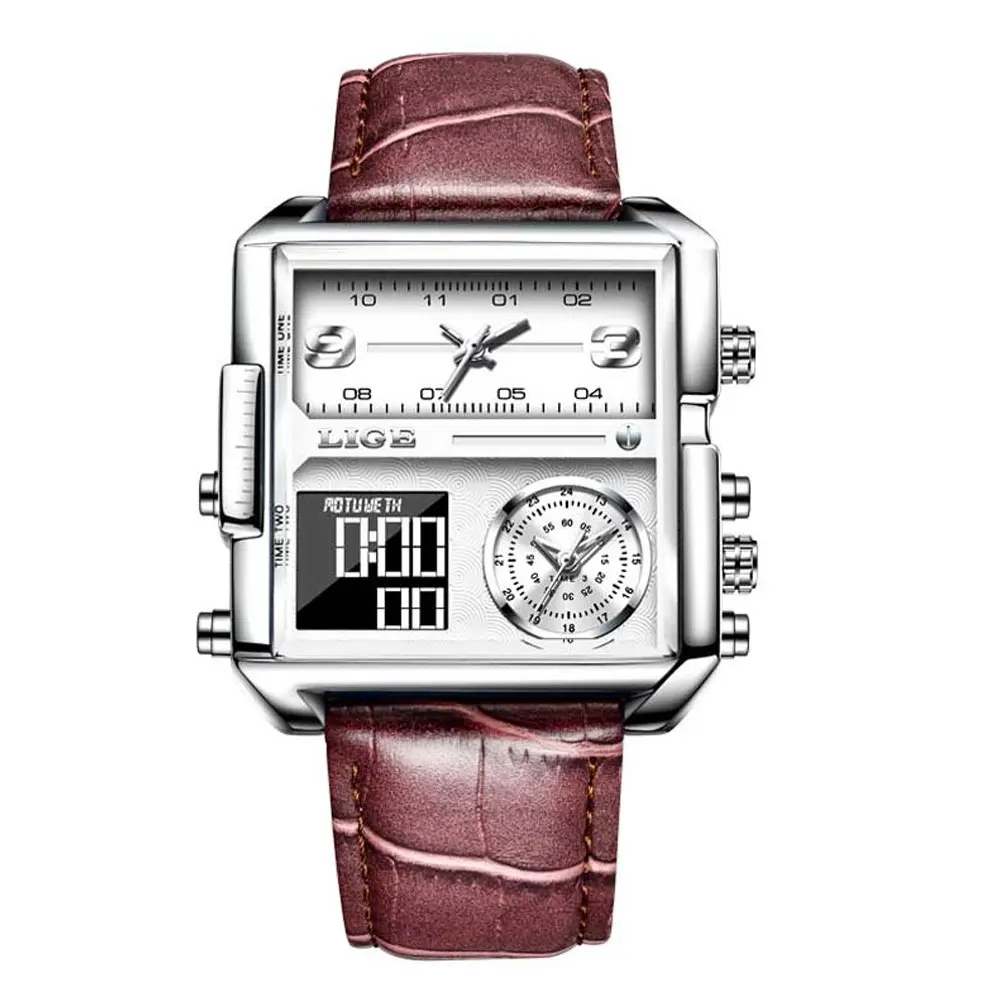 LIGE 8925 Premium Square Dual Time Leather Strap Luxury Men's Watch – Dial Color: White, Strap Color: Rose – View 1