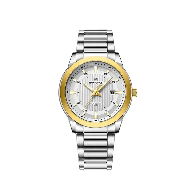 Naviforce NF8029 Luxury Stainless Steel Quartz Analog Men's Watch – Dial Color: White Gold, Strap Color: Silver – View 1