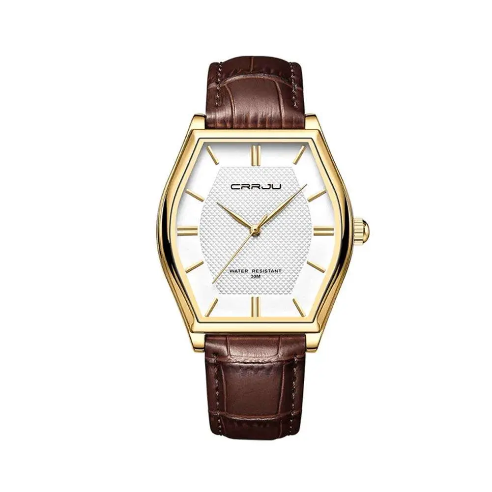 CRRJU 5020 Genuine Leather Strap Quartz Analog Luxury Redefined Men’s Fashion Watch – Dial Color: Gold, Strap Color:  Brown  – View 1