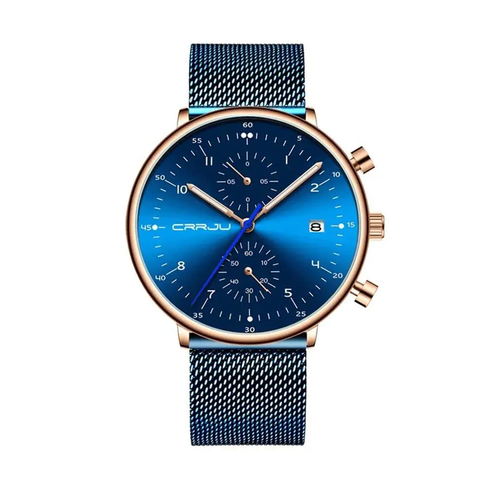 CRRJU 2278 Comfortable Mesh Stainless Steel Ultra Slim Modern Fashion Men's Watch – Dial Color: Rose, Strap Color: Blue – View 1