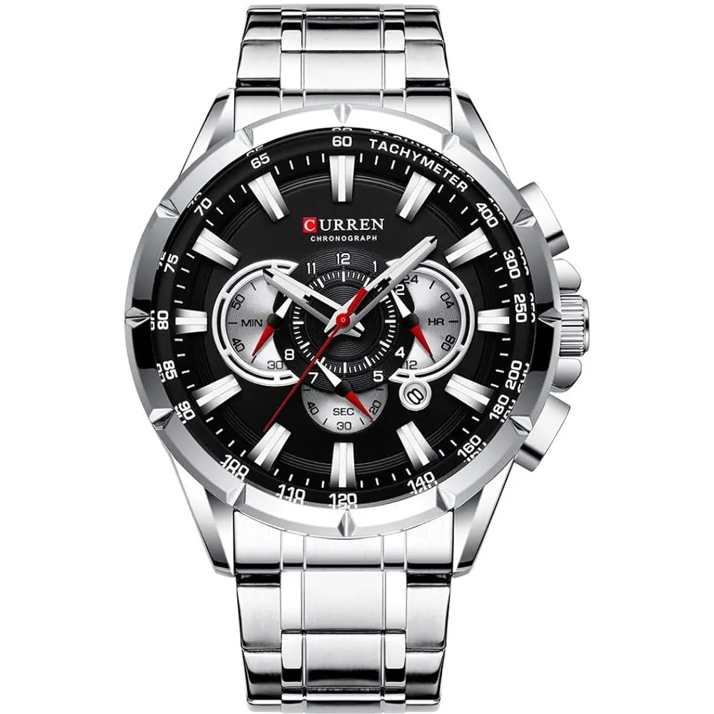 Curren 8363 Comfortable Stainless Steel Multifunctional Chronograph Casual Men's Watch – Dial Color: Black, Strap Color: Silver – View 1