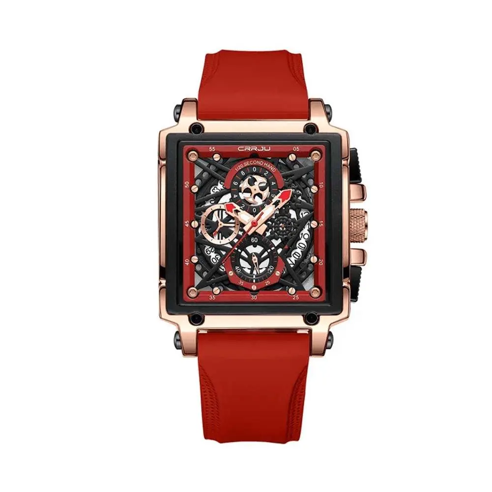 CRRJU 2312 Comfortable Silicone Band Multifunctional Skeleton Dial Sports Men's Watch – Dial Color: Rose, Strap Color: Red – View 1