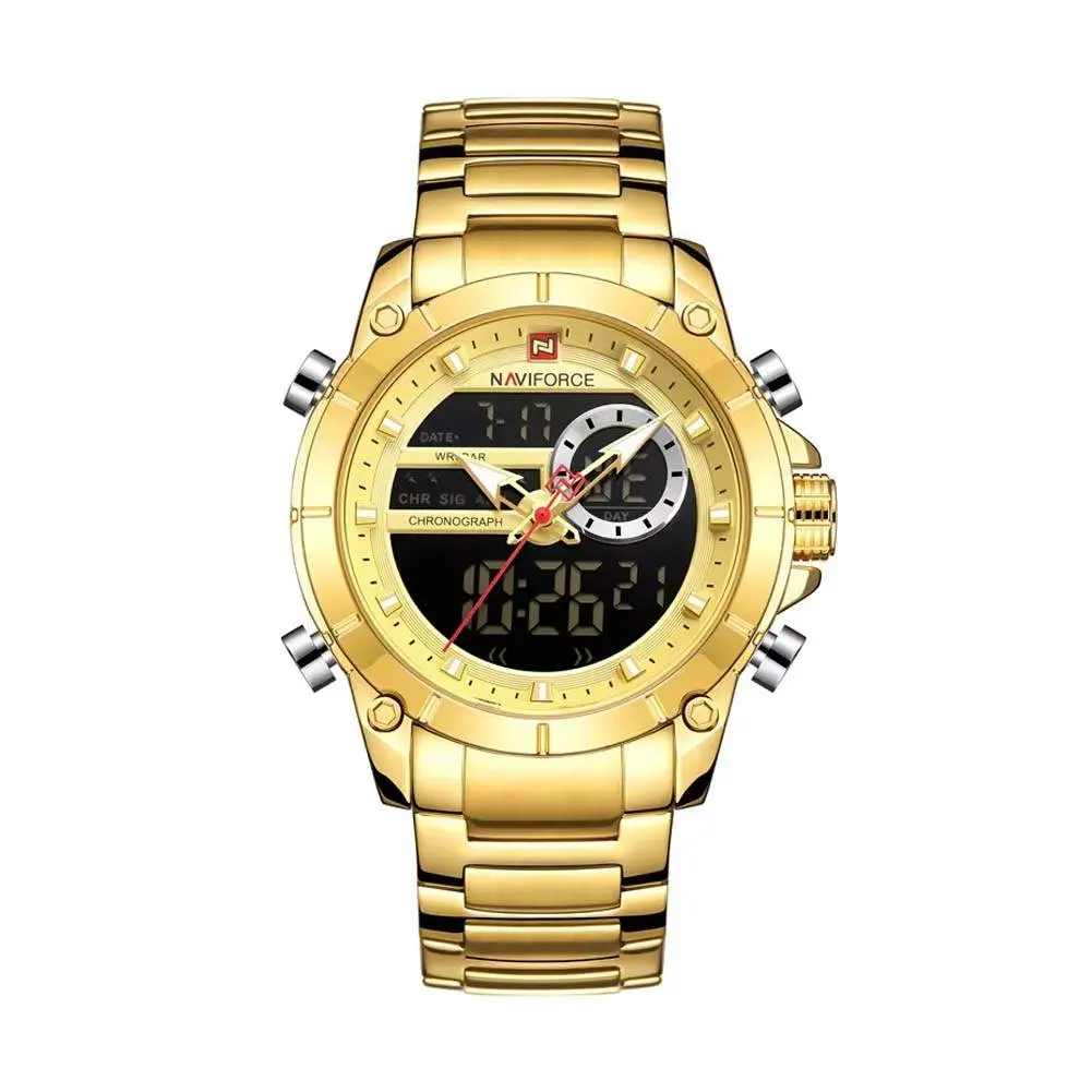 Naviforce NF9163 Stainless Steel Dual Movement Military Sport Men's Watch – Dial Color: Gold, Strap Color: Gold  – View 1