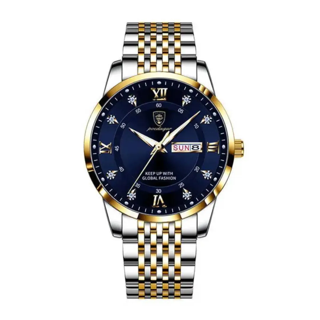Poedagar 836 CH Luxury Stainless Steel Luminous Waterproof Men's Watch – Dial Color: Gold, Strap Color: Blue – View 1