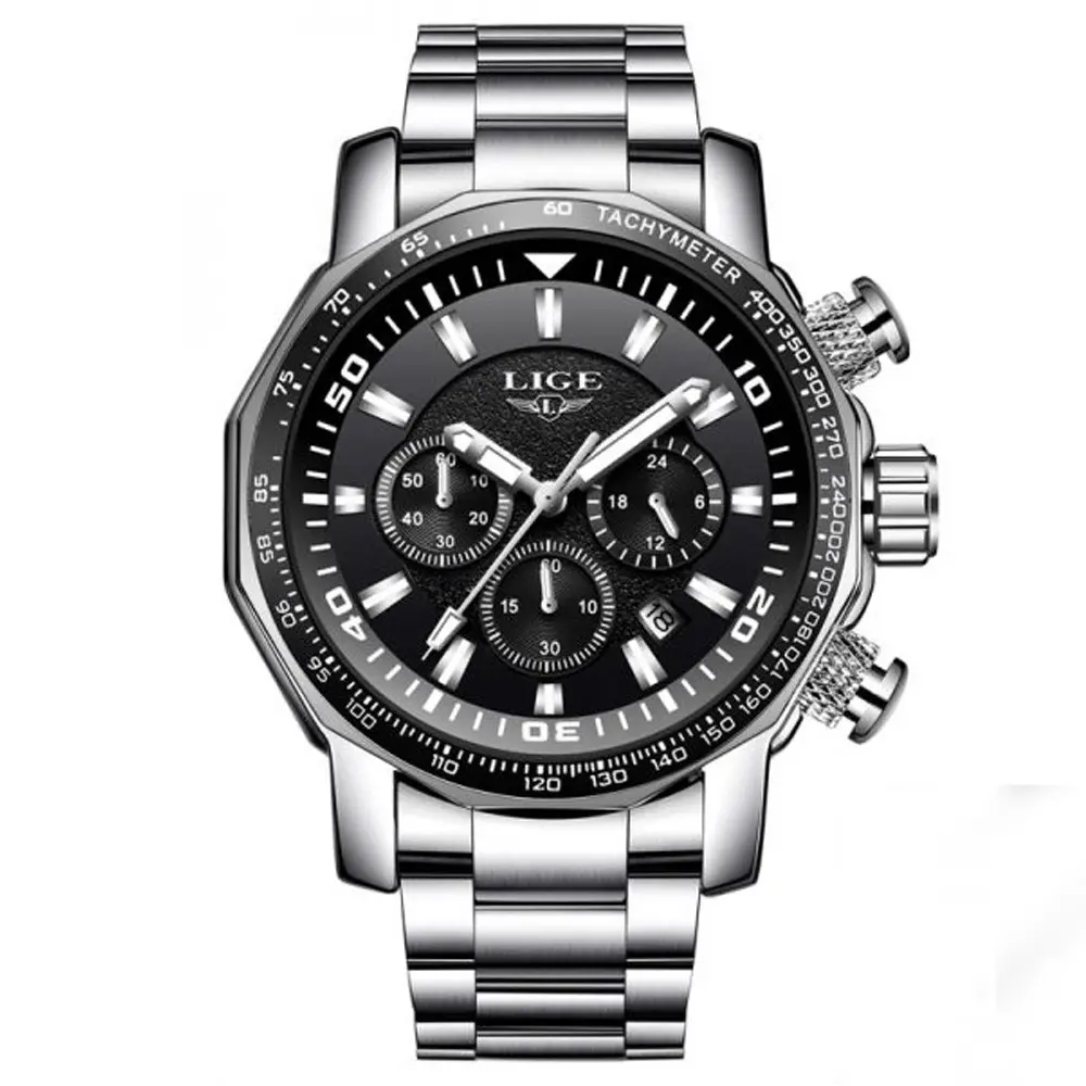LIGE 9871 Stainless Steel Analog Quartz Casual Men's Watch – Dial Color: Black, Strap Color: Silver – View 1