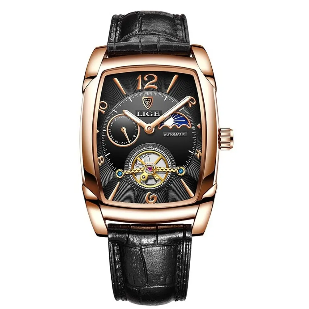 LIGE 8949 Exclusive Mechanical Leather Strap Moon Phase Casual Men's Watch – Dial Color: Rose, Strap Color: Black – View 1