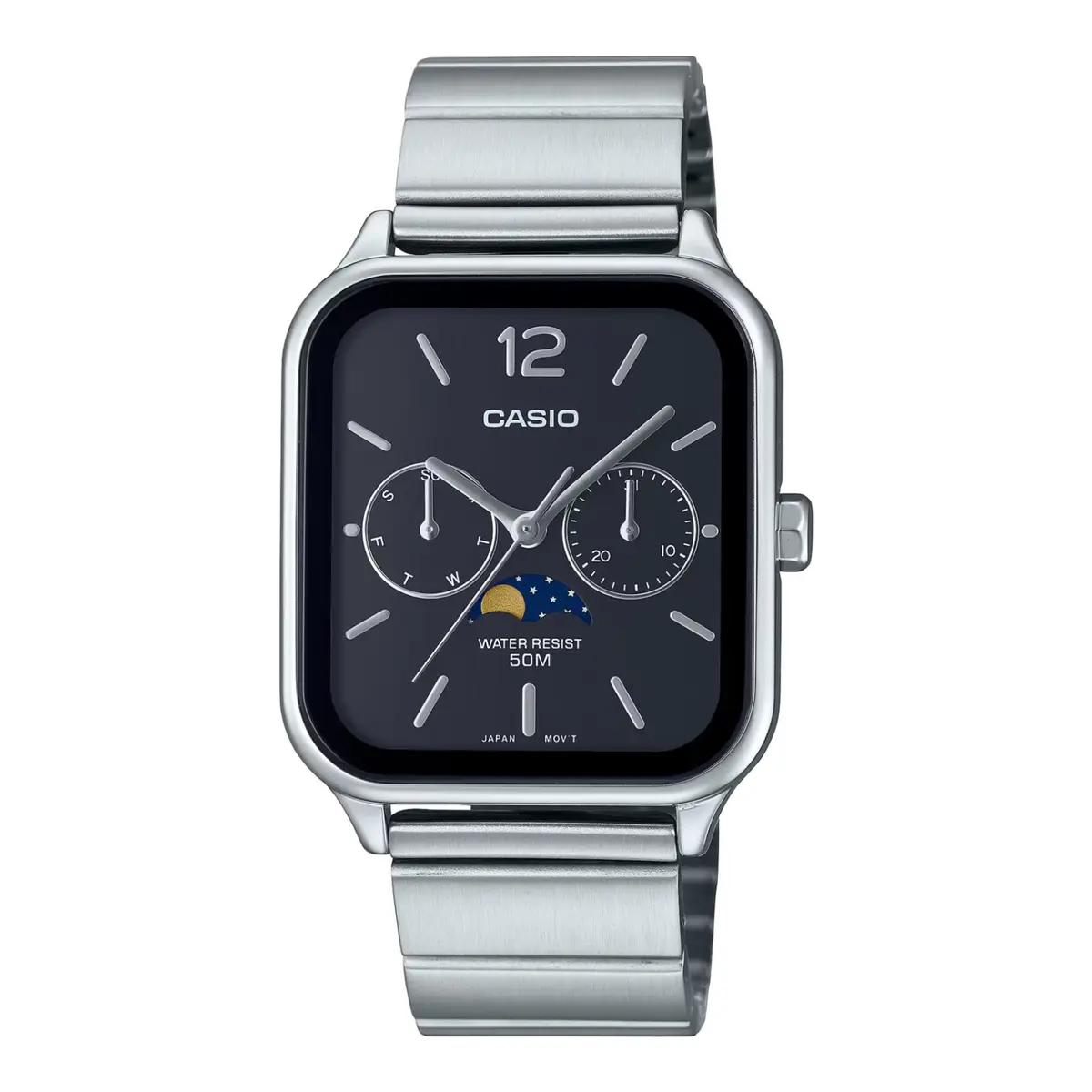 CASIO MTP-M305D-1AVDF Moon Chaser Silver Stainless Steel Chain Unisex Analog Watch – Dial Color: Black, Strap Color: Silver – View 1