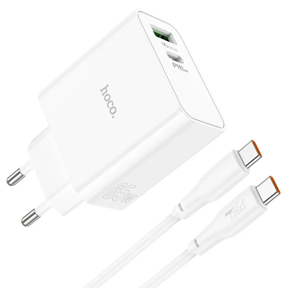 Hoco C113A PD65W Dual-Port Wall Charger with Type-C Cable – View 1