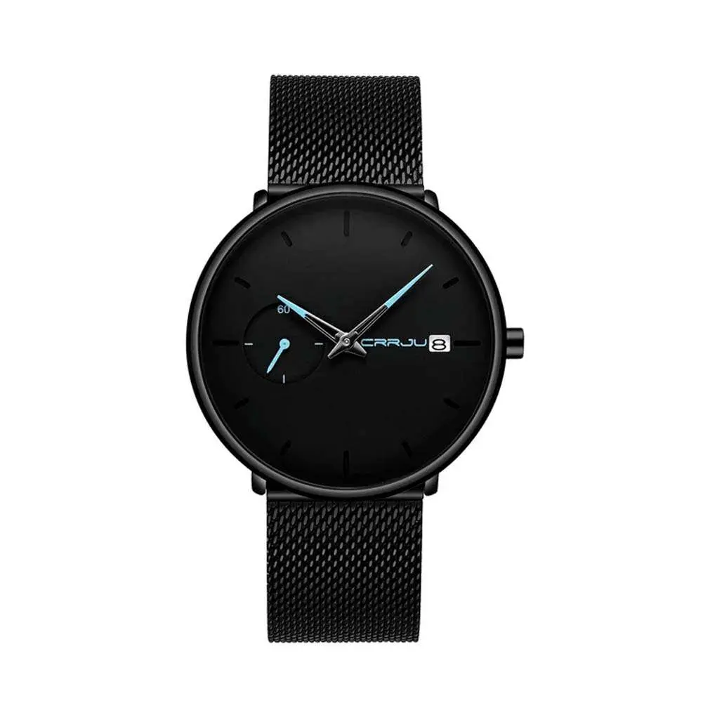 CRRJU 2258 Effortless Sophistication High Quality Black Stainless Steel Simple Casual Men's Watch – Dial Color: Blue, Strap Color: Black – View 1