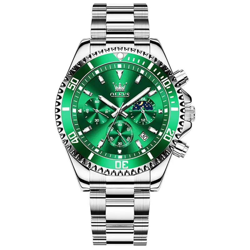 OLEVS 2870 Luxury Whiteshine Luminous Chronograph Analog Wristwatch for Men – Dial Color: Green, Strap Color: White – View 1