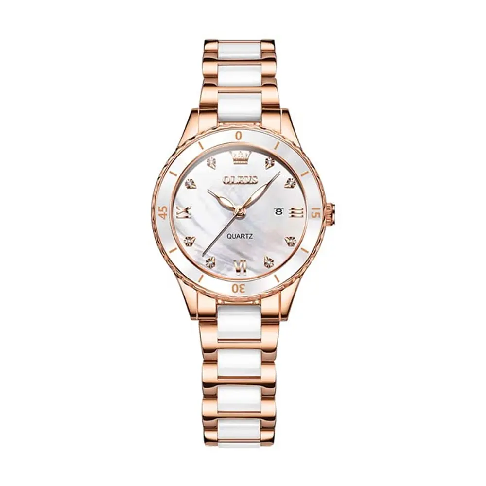 Olevs 9985 Stainless Steel Analog Wrist Watch For Women – Dial Color: White, Strap Color:  Brown  – View 1