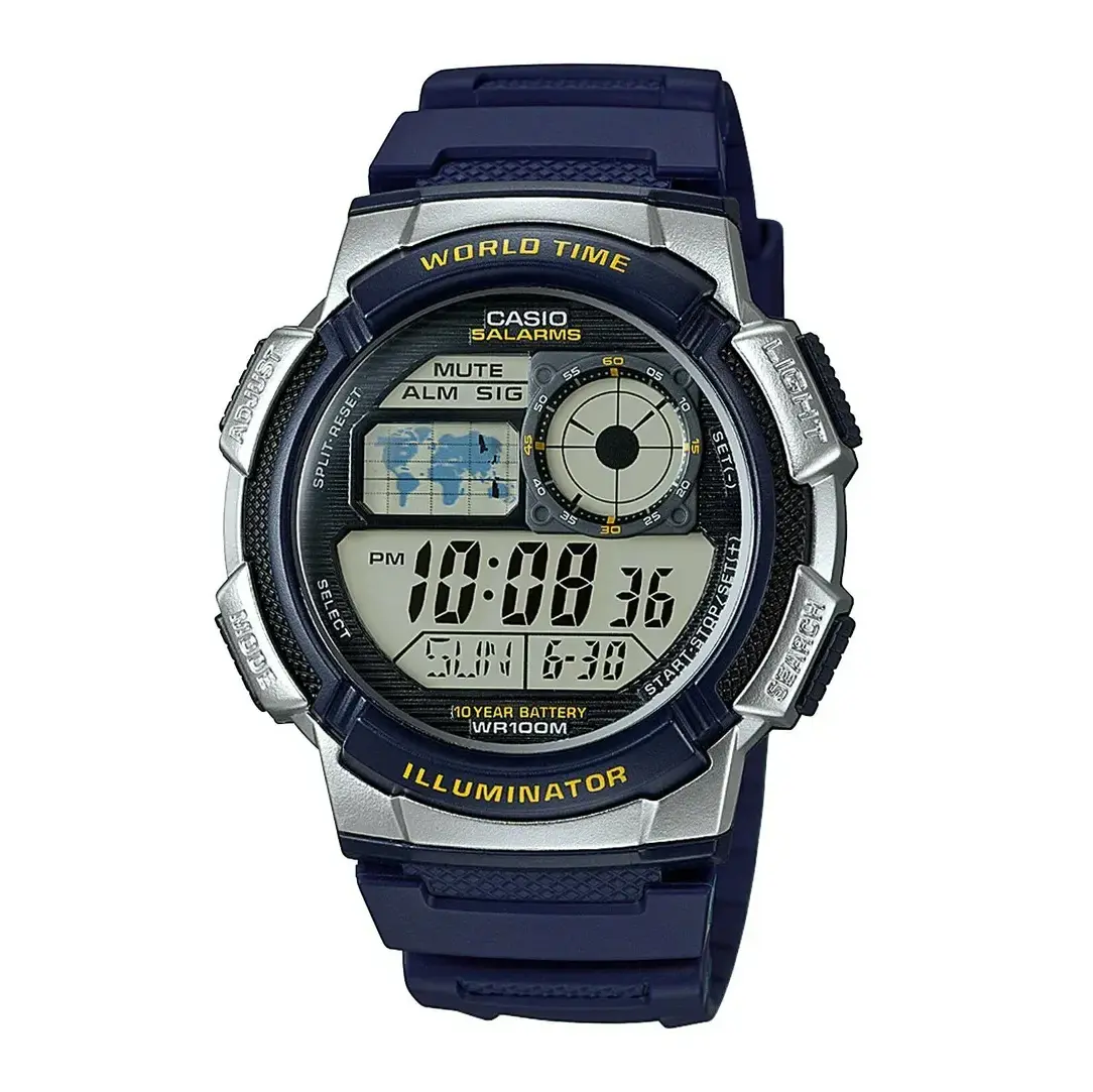 Casio AE-1000W-1AVDF Youth World Time Water Resistant Multifunctional Digital Watch  – Dial Color: Silver, Strap Color: Blue – View 1