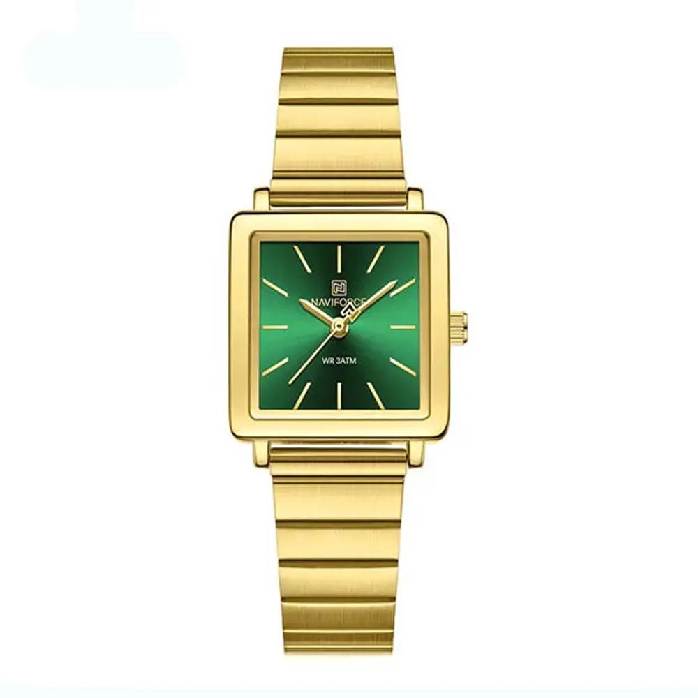 NAVIFORCE NF5048 Stylish Square Waterproof Women’s Watch – Dial Color: Green, Strap Color: Gold  – View 1