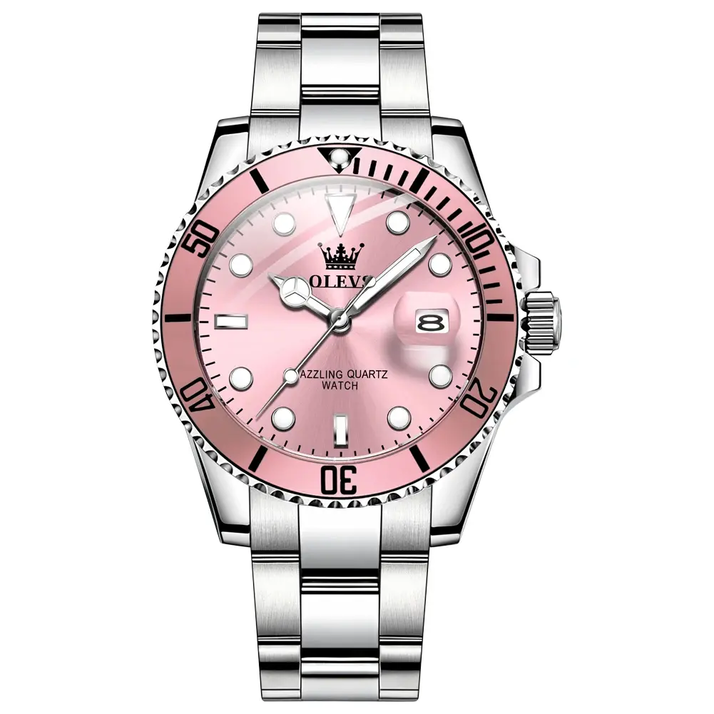 Olevs 5885 Ghost Stainless Steel Waterproof Luminous Quartz Men's Watch – Dial Color: Pink, Strap Color: White – View 1