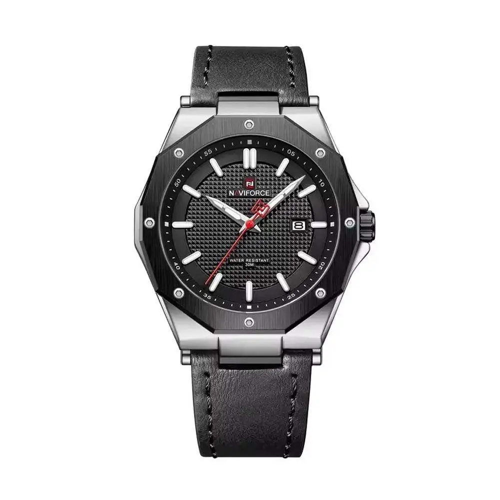 Naviforce NF9200 Luxury Genuine Leather Strap Quartz Movement Casual Fashion Men's Watch – Dial Color: Black, Strap Color: Black – View 1