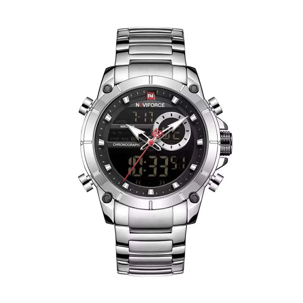 Naviforce NF9163 Stainless Steel Dual Movement Military Sport Men's Watch – Dial Color: Black, Strap Color: Silver – View 1