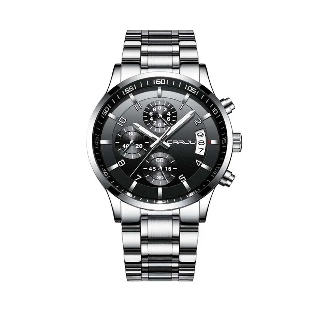 CRRJU 2214 Authentic Stainless Steel Minimalist Style Classic Men’s Watch – Dial Color: Black, Strap Color: Silver – View 1