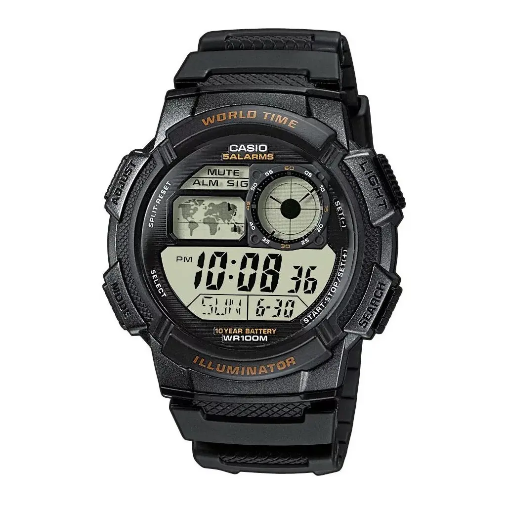Casio AE-1000W-1AVDF Youth World Time Water Resistant Multifunctional Digital Watch  – Dial Color: Black, Strap Color: Black – View 1