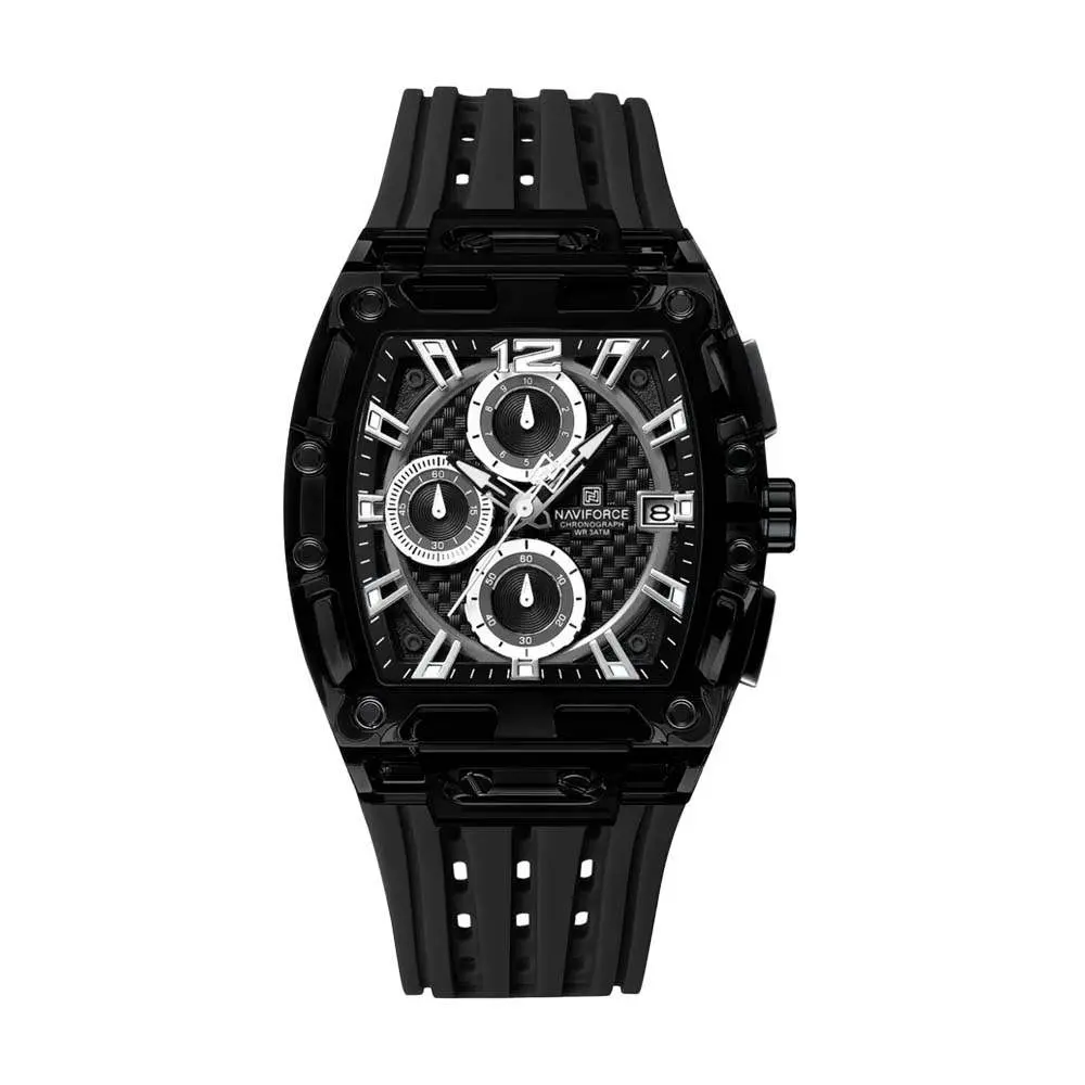 Naviforce NF7105 Comfortable Silicone Strap Multifunctional Chronograph Sports Men's Watch – Dial Color: Black, Strap Color: Black – View 1